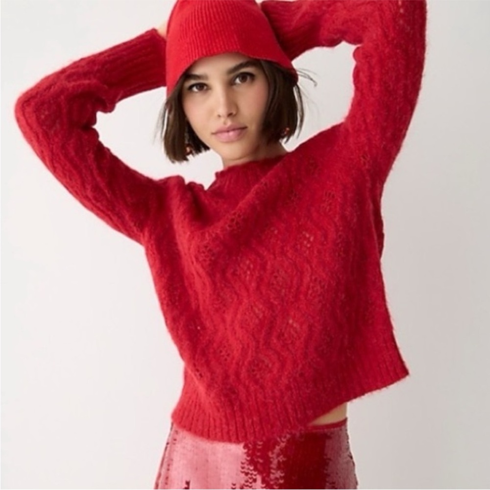 J Crew Pointelle scallop-trim sweater red size Medium Alpaca Wool‎ Blend Holiday
